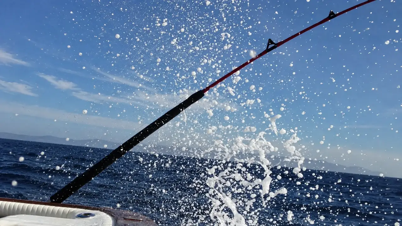 A fishing rod cutting across blue sky and ocean spray beside a sportfishing boat
